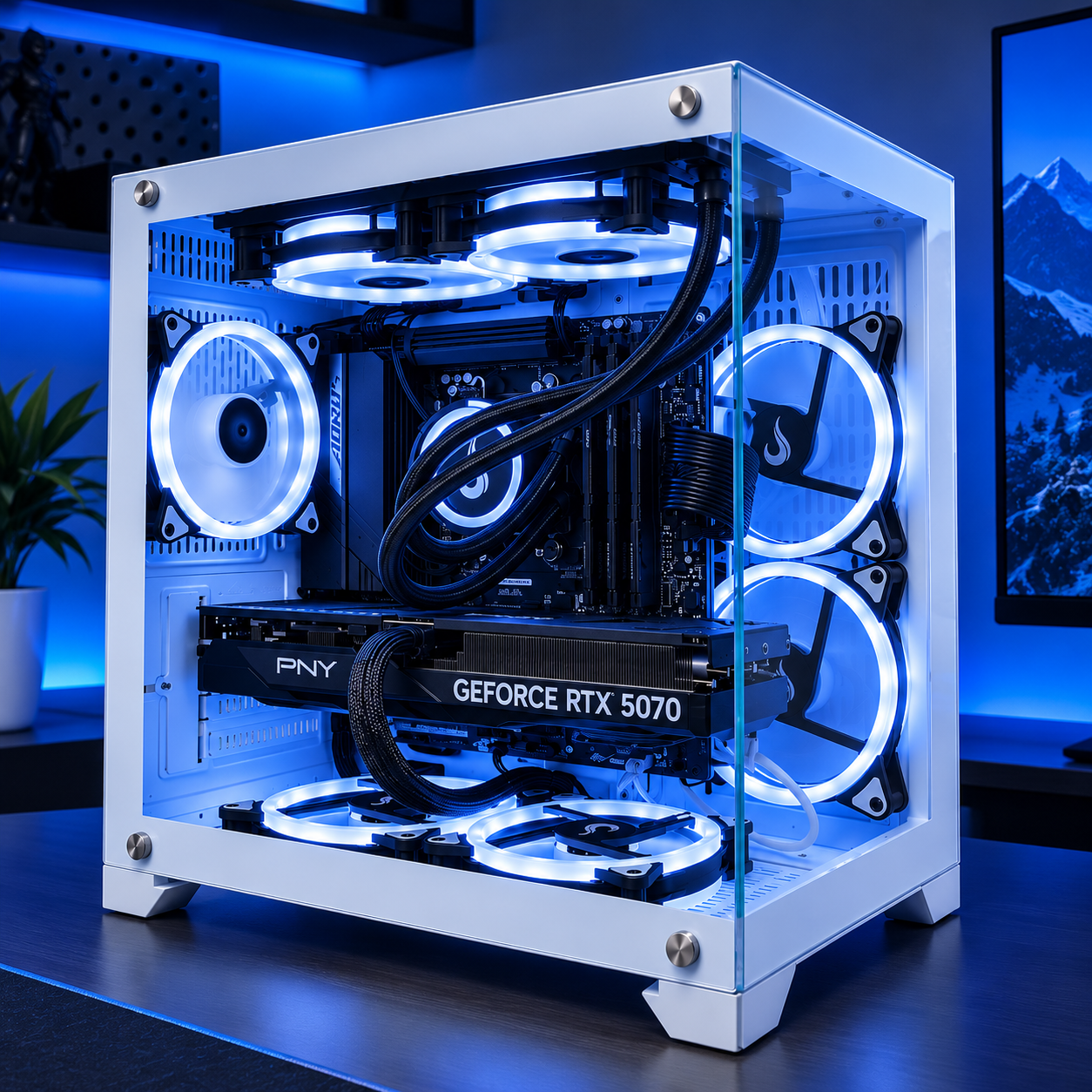 PC Gamer branco montado pela Borin Hardware em Bauru, com iluminação branca e placa de vídeo RTX 5070