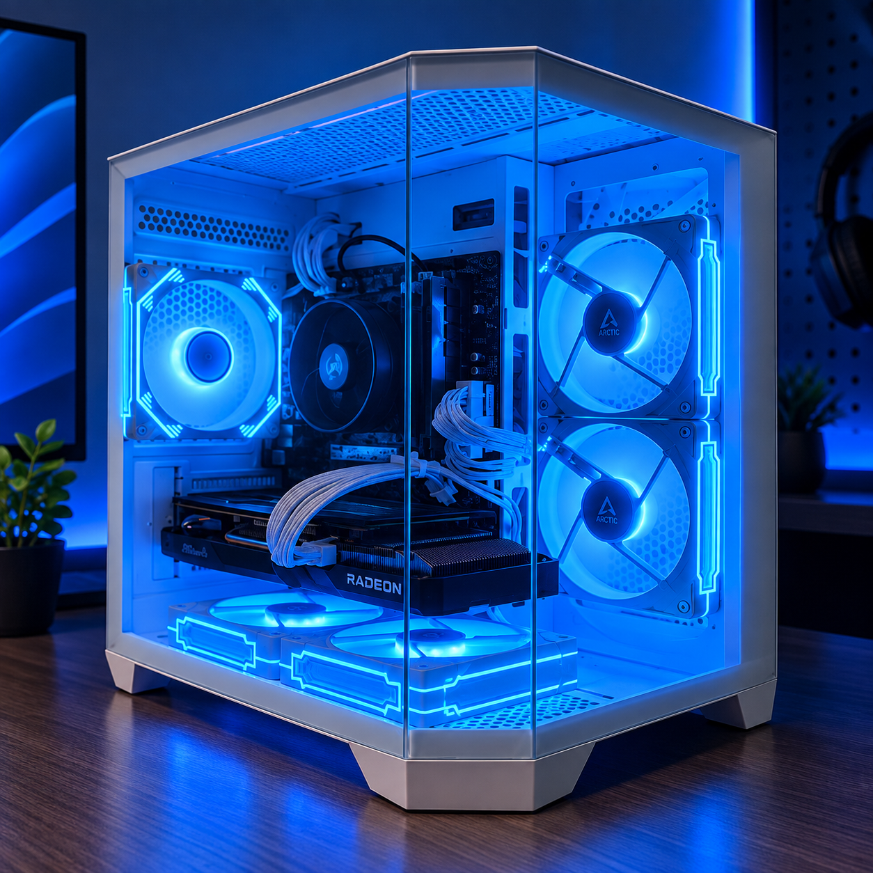 PC Gamer branco montado pela Borin Hardware em Bauru, com iluminação azul e placa de vídeo Radeon