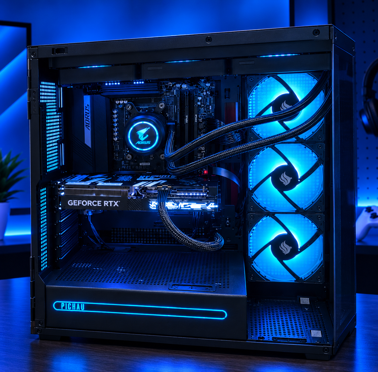 PC Gamer preto montado pela Borin Hardware em Bauru, com iluminação azul, water cooler e placa de vídeo GeForce RTX 5070